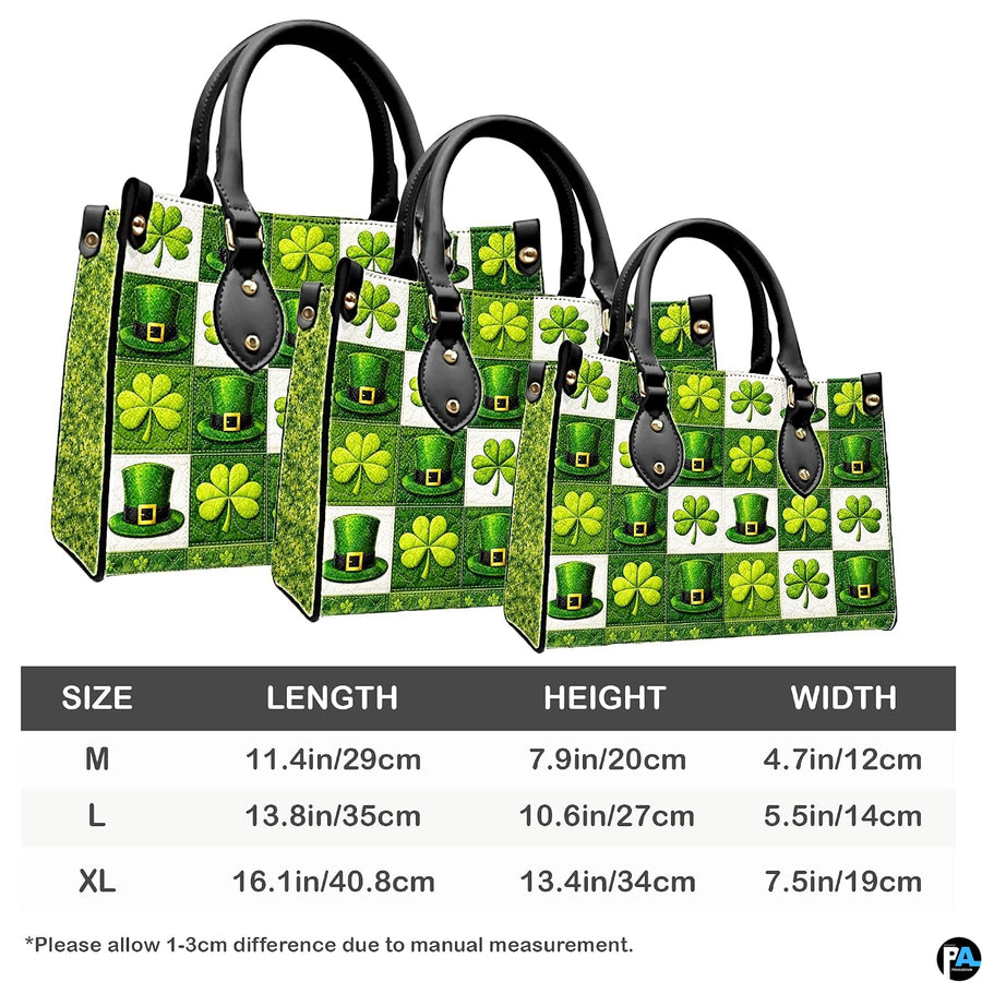 Green clover top hat handbag measurement chart with illustrated views