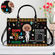 Melanin nurse handbag displayed indoors alongside floral vase with circular texture swatch.