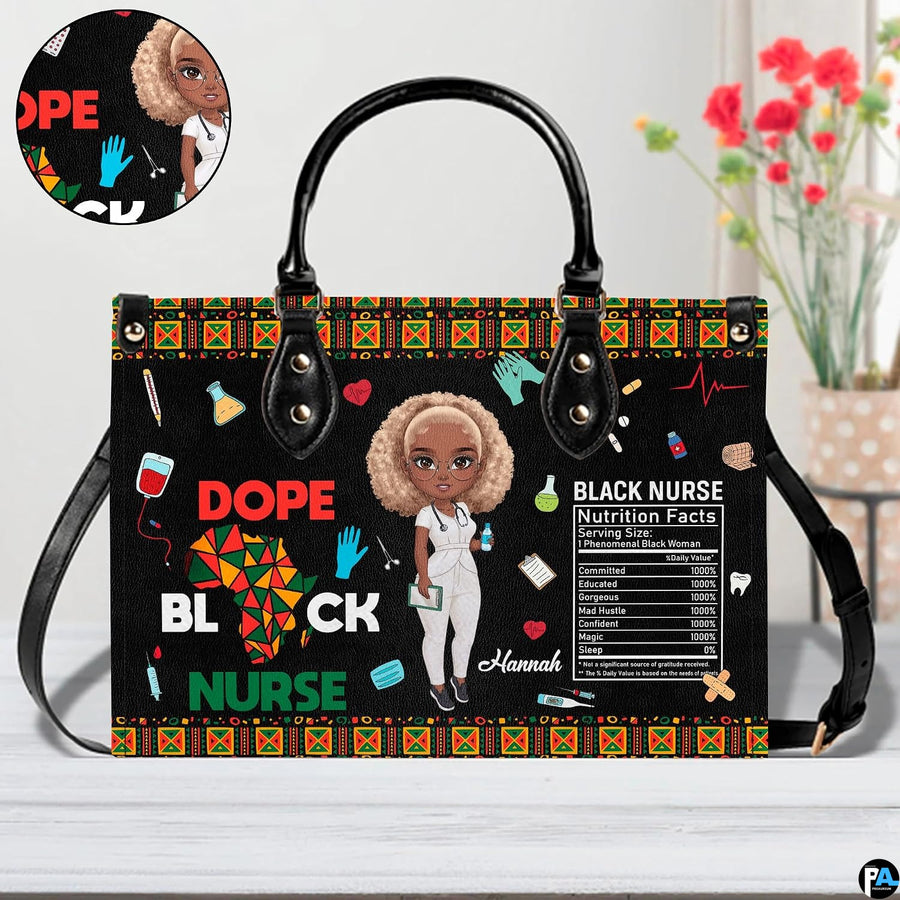 Melanin nurse handbag displayed indoors alongside floral vase with circular texture swatch.