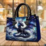 Cosmic shadow dragon handbag displayed on rustic wooden table in cafe setting.
