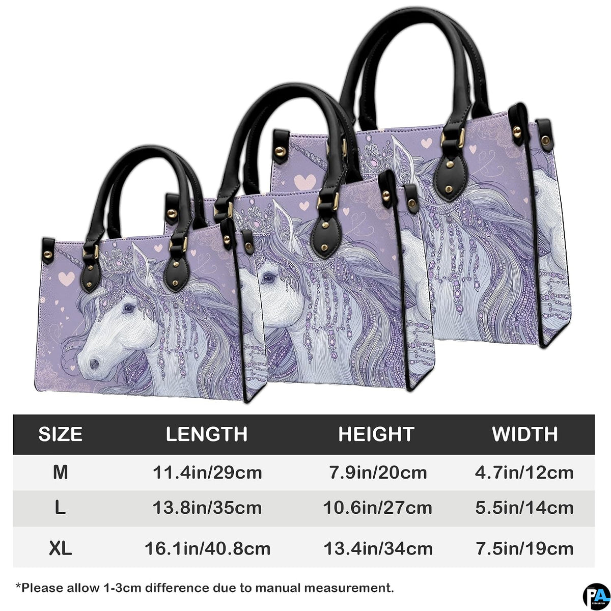 Back view of unicorn handbag showing continuous lavender purple background with hearts.