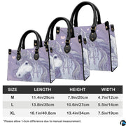 Back view of unicorn handbag showing continuous lavender purple background with hearts.