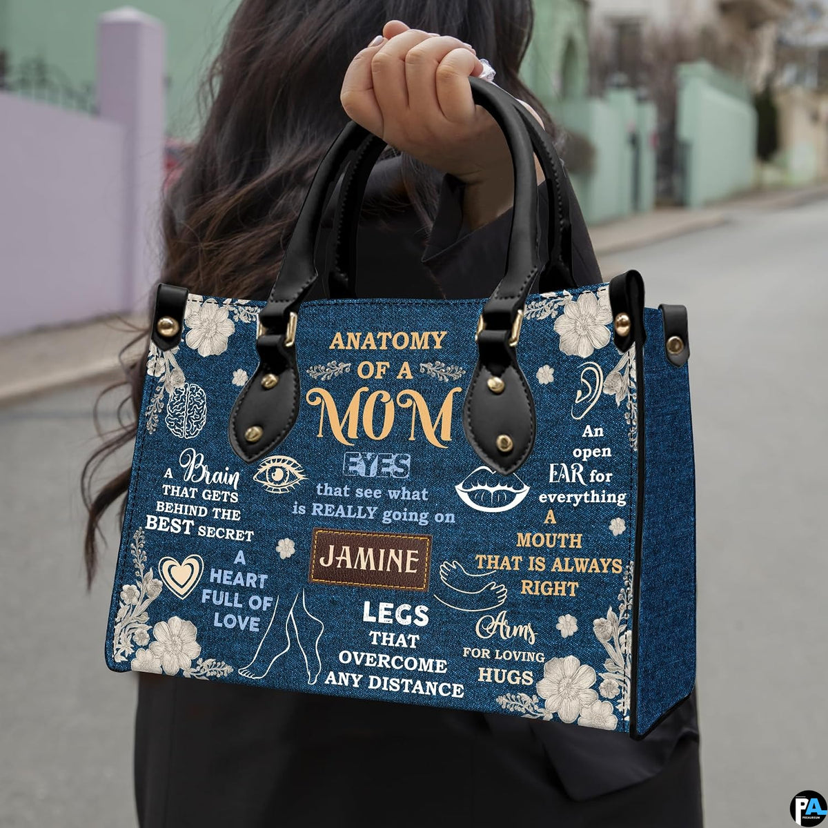 Outdoor street view presenting indigo botanical art accessory held in natural daylight.