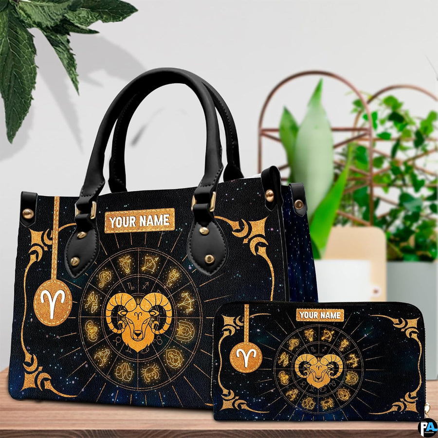 Front view of golden zodiac ram handbag showing central ram head and celestial constellation chart.