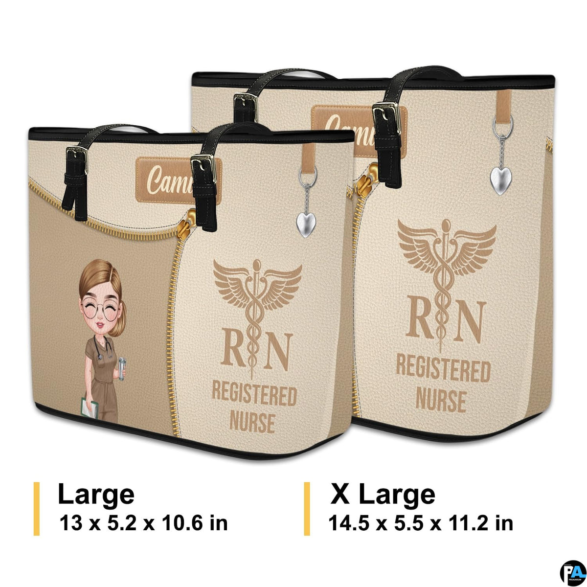 Measurement graphic indicating Large and X Large sizing for the Beige Clinician Tote Handbag.