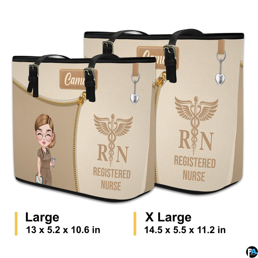 Measurement graphic indicating Large and X Large sizing for the Beige Clinician Tote Handbag.