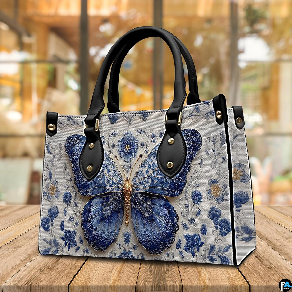 Tabletop perspective of Delftware floral butterfly handbag standing upright on wooden surface