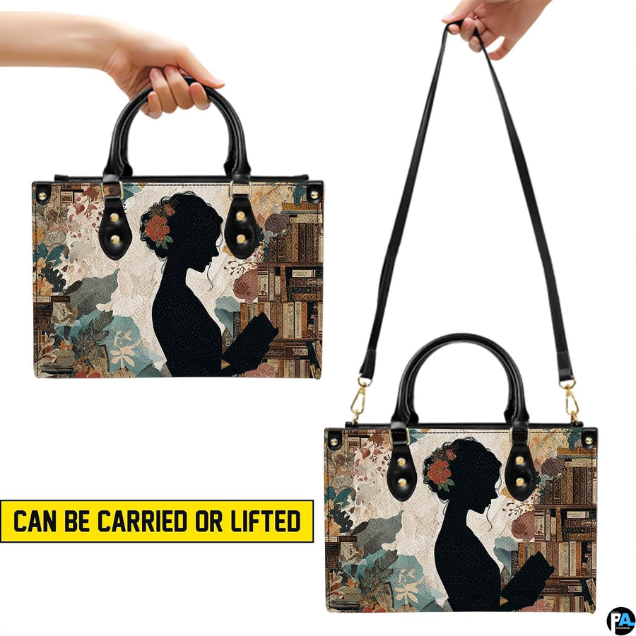 Reading silhouette handbag on plain background with circular inset material texture detail swatch.