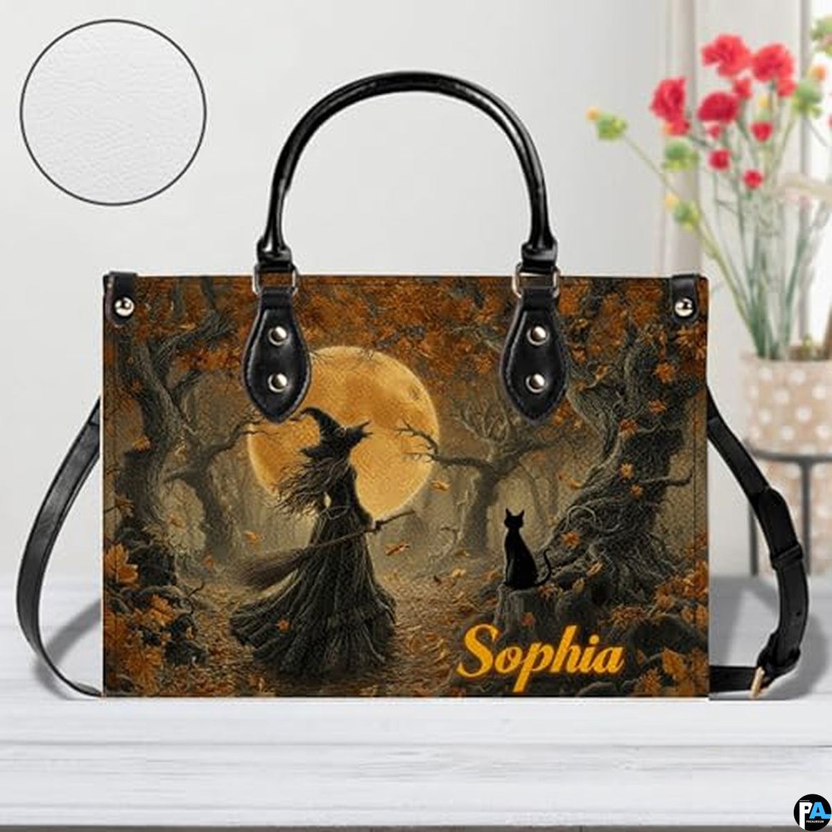 Personalized Halloween Leather Handbag – Custom Witch 3D Printing Effect Purses For Women – Spooky Gothic Shoulder Bag