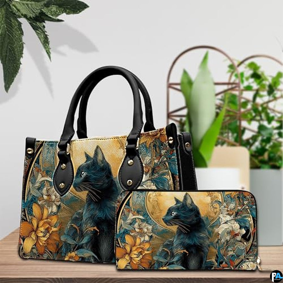 Black Cat Leather Bag – Vintage Cat Art Handbag, Stylish Animal-Themed Purse, Unique Gift for Cat Lovers