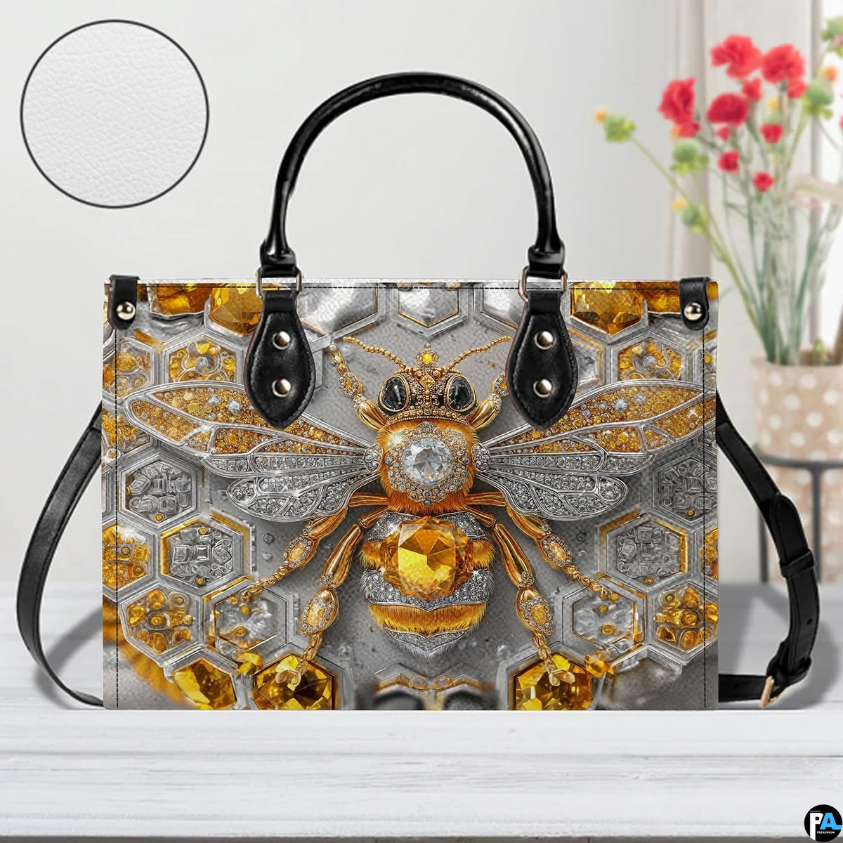 Matching bee wallet lying flat displaying the coordinating geometric honeycomb bee motif.