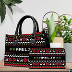 Side perspective view of ugly sweater purse highlighting structured shape and carrying handles.