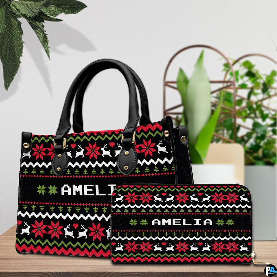 Side perspective view of ugly sweater purse highlighting structured shape and carrying handles.