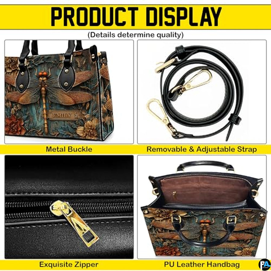 Personalized Animal Leather Handbag – Custom Name Flowers with 2D Print with 3D Effect – Gift for Gramma, Mom, Daughter