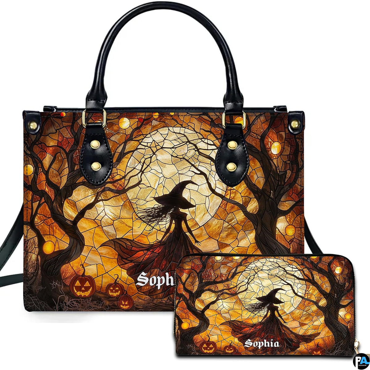 Stained glass Halloween witch moon handbag and matching wallet set displayed upright on white background.