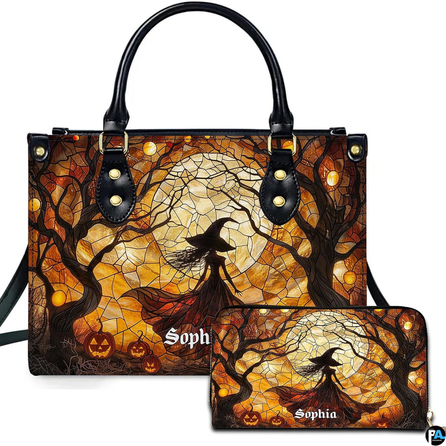 Stained glass Halloween witch moon handbag and matching wallet set displayed upright on white background.