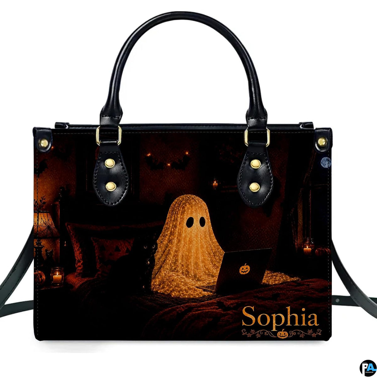 Studio front perspective of glowing ghost art item centered against plain white backdrop.
