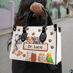 Model carrying veterinary handbag outdoors showing stylish everyday presentation