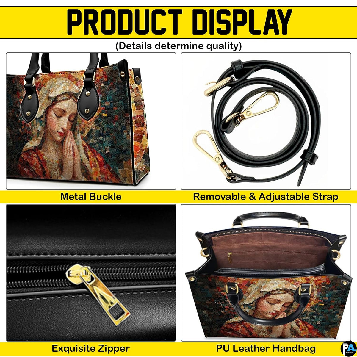 Four-panel product feature display showing views and structural details of mosaic handbag.