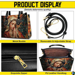 Four-panel product feature display showing views and structural details of mosaic handbag.
