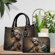 Immaculate Heart of Mary handbag and wallet set arranged on wooden table with green plants