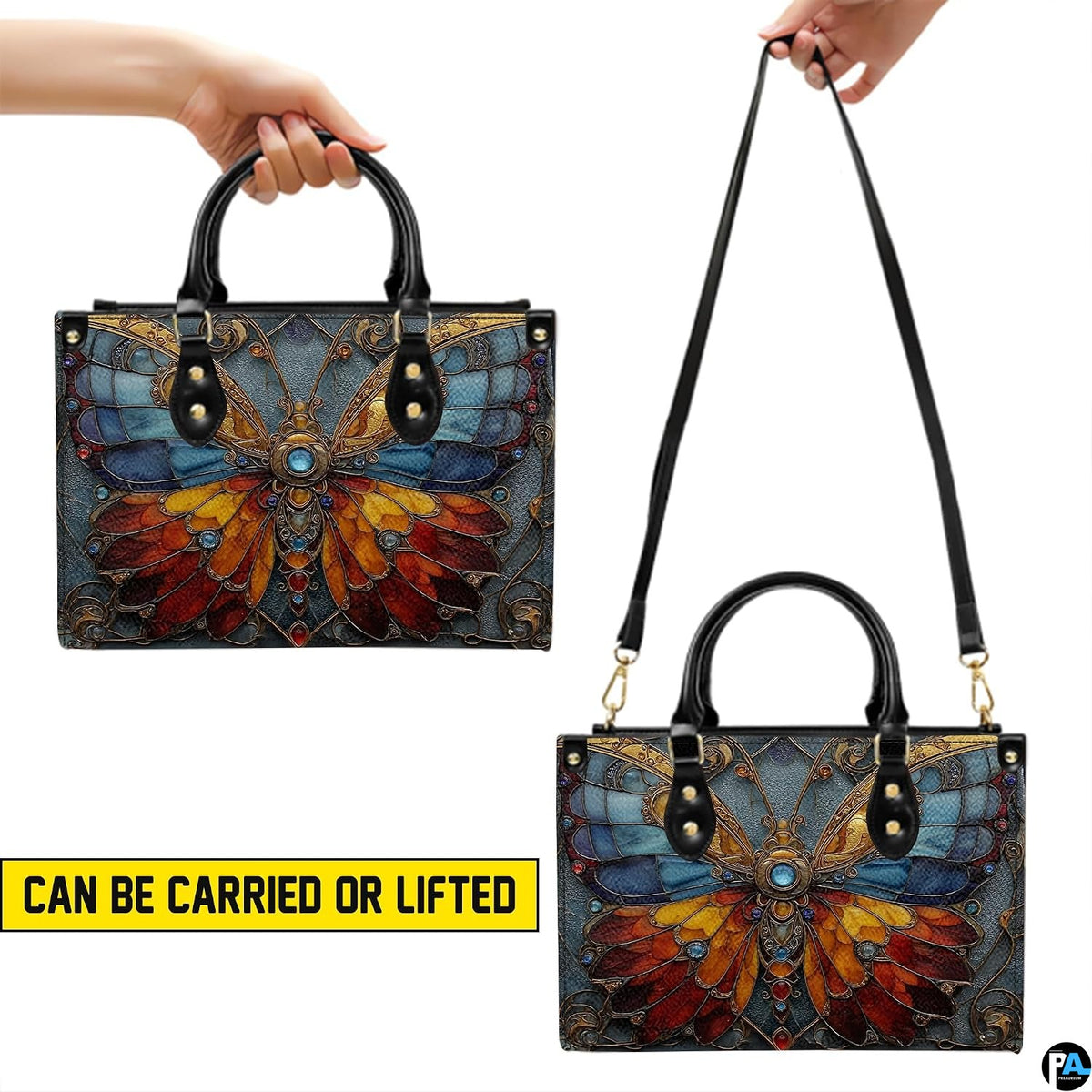Interior opening of stained glass butterfly handbag displaying spacious inner organization space