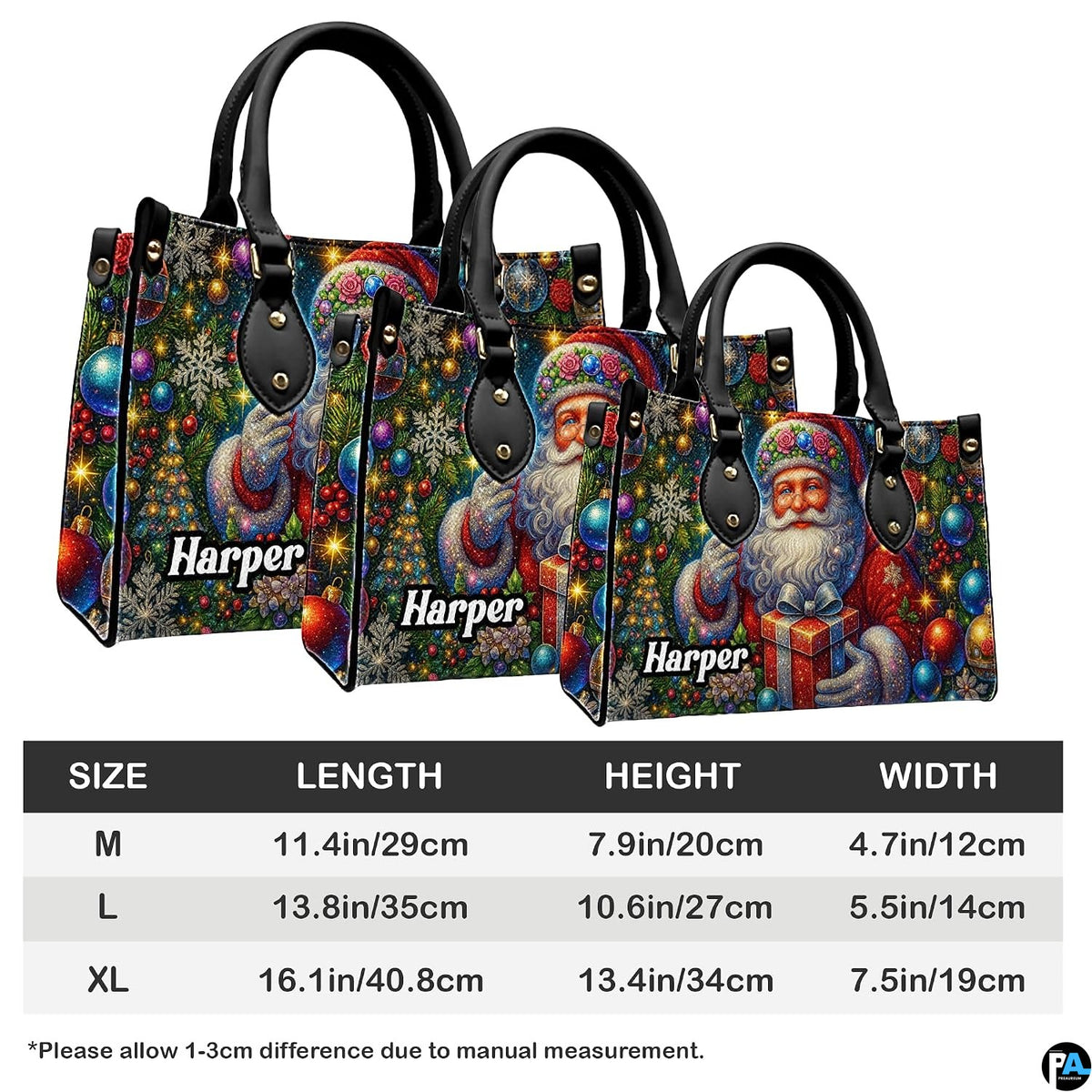 Three sizes of vintage Santa handbag shown side-by-side with dimensions table.