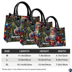Three sizes of vintage Santa handbag shown side-by-side with dimensions table.