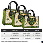 Clover heart handbag measurement chart with three illustrated product views