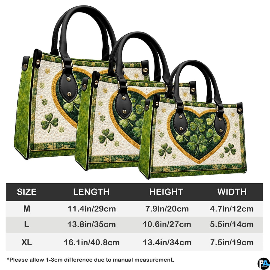 Clover heart handbag measurement chart with three illustrated product views