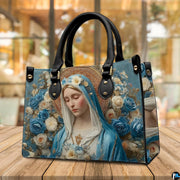 Back view of contemplative Virgin Mary floral sacred art handbag