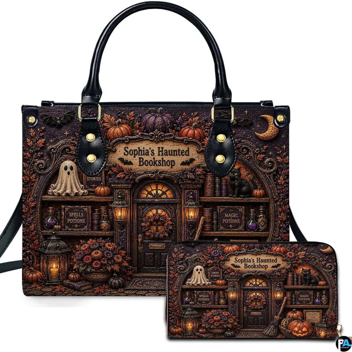 Witch apothecary art showcasing a gothic storefront presented across an accessory pairing.