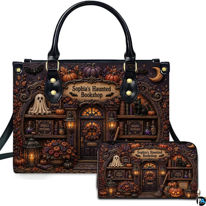 Witch apothecary art showcasing a gothic storefront presented across an accessory pairing.