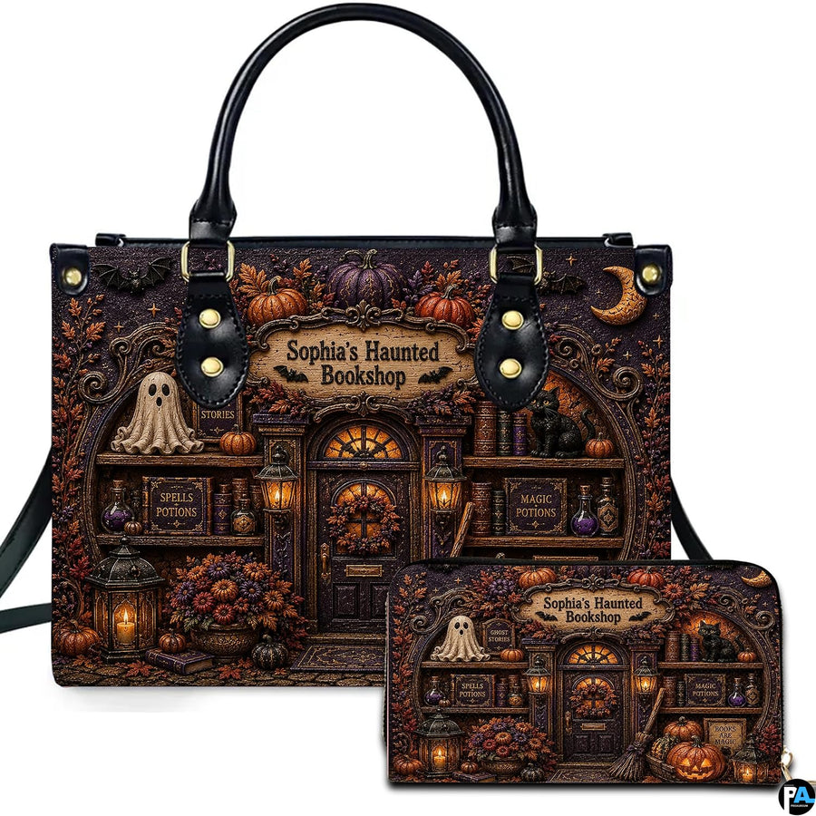 Witch apothecary art showcasing a gothic storefront presented across an accessory pairing.