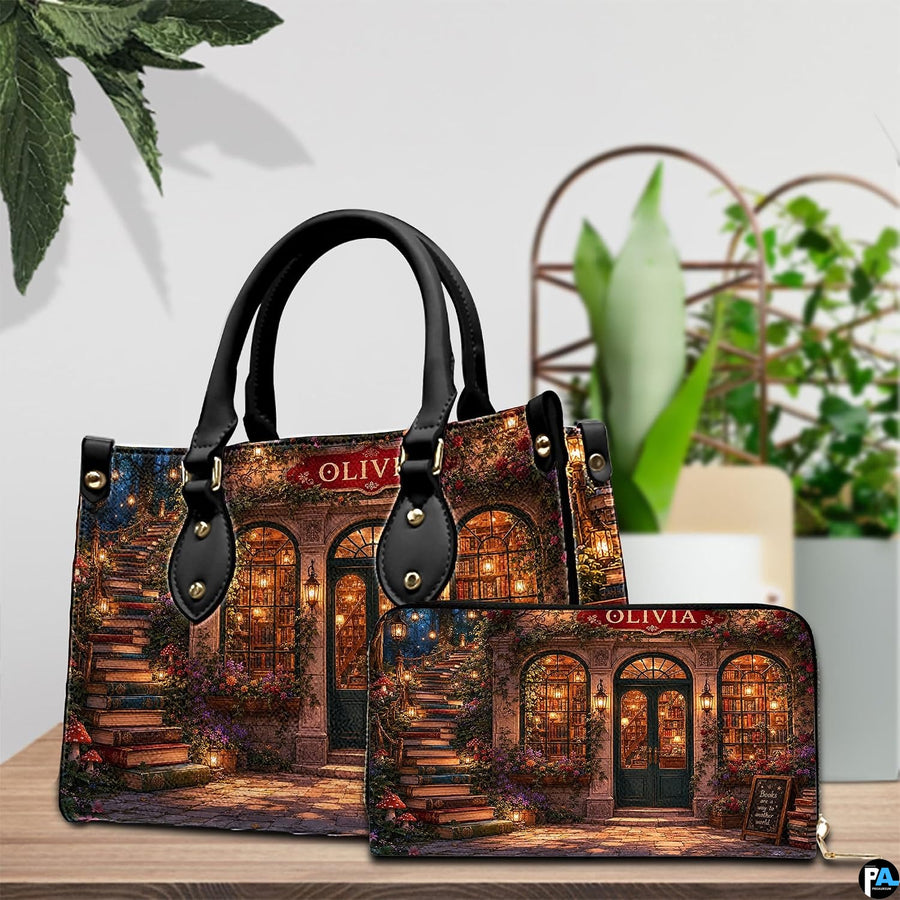 Tabletop coordinated view displaying synchronized fairy tale bookshop and book staircase art across both matching items