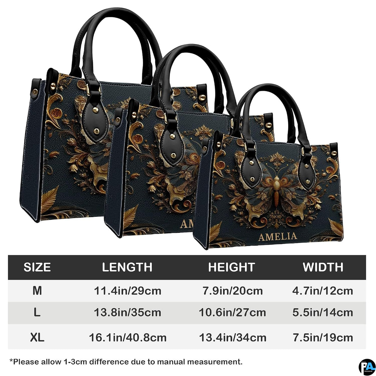 Measurement comparison graphic showing dimensional variations for antique gold butterfly handbag