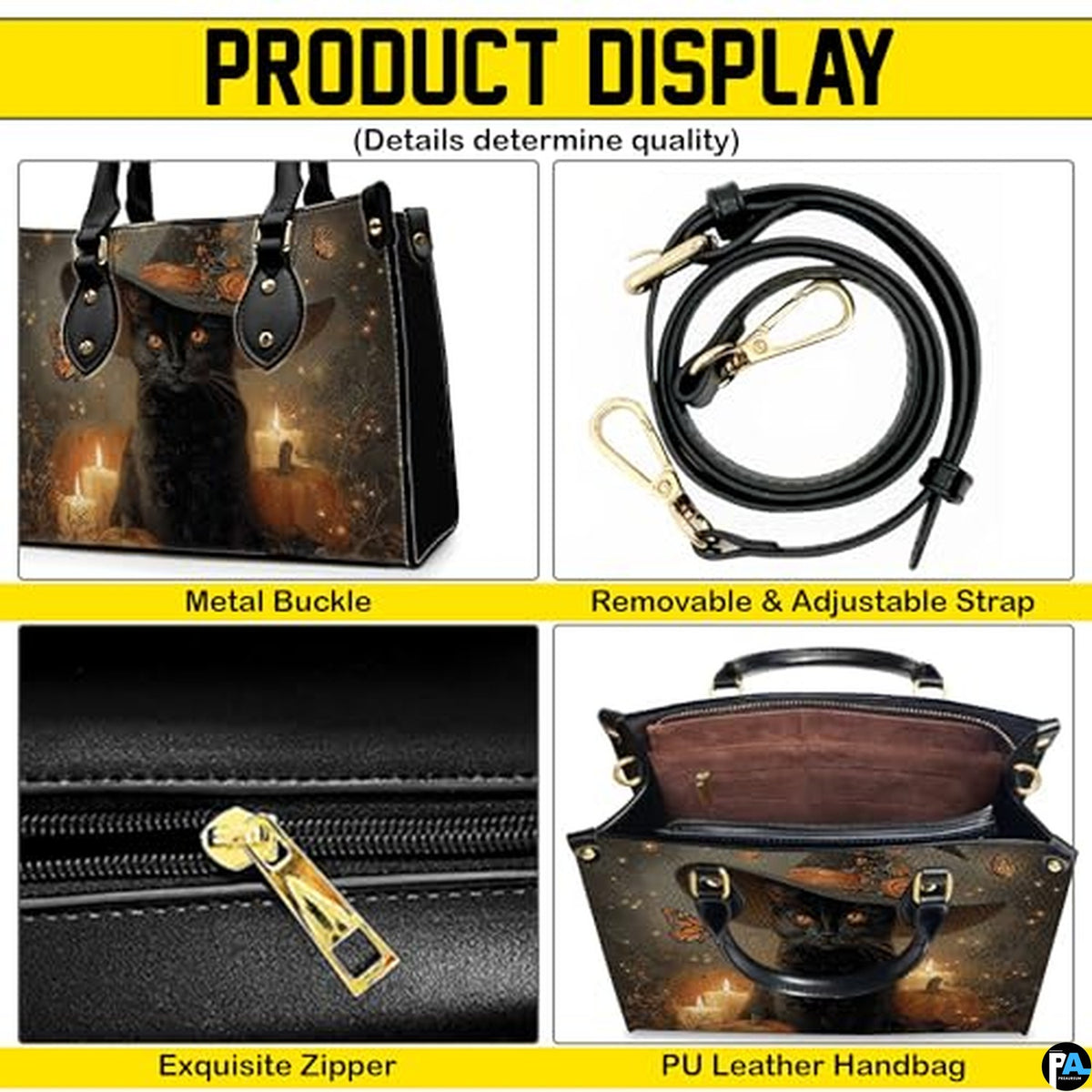 Black Cat Leather Bag – Vintage Cat Art Handbag, Stylish Animal-Themed Purse, Unique Gift for Cat Lovers
