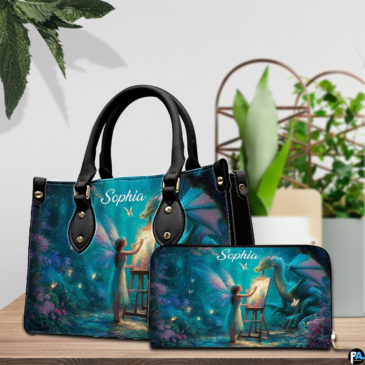 Side perspective displaying continuous fantasy fairy and dragon artistic artwork coverage