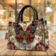 Alternative angle display of baroque ruby butterfly handbag and wallet set