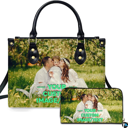 Sunny meadow family portrait handbag paired with matching companion wallet on clean white background.