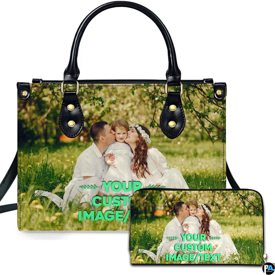 Sunny meadow family portrait handbag paired with matching companion wallet on clean white background.