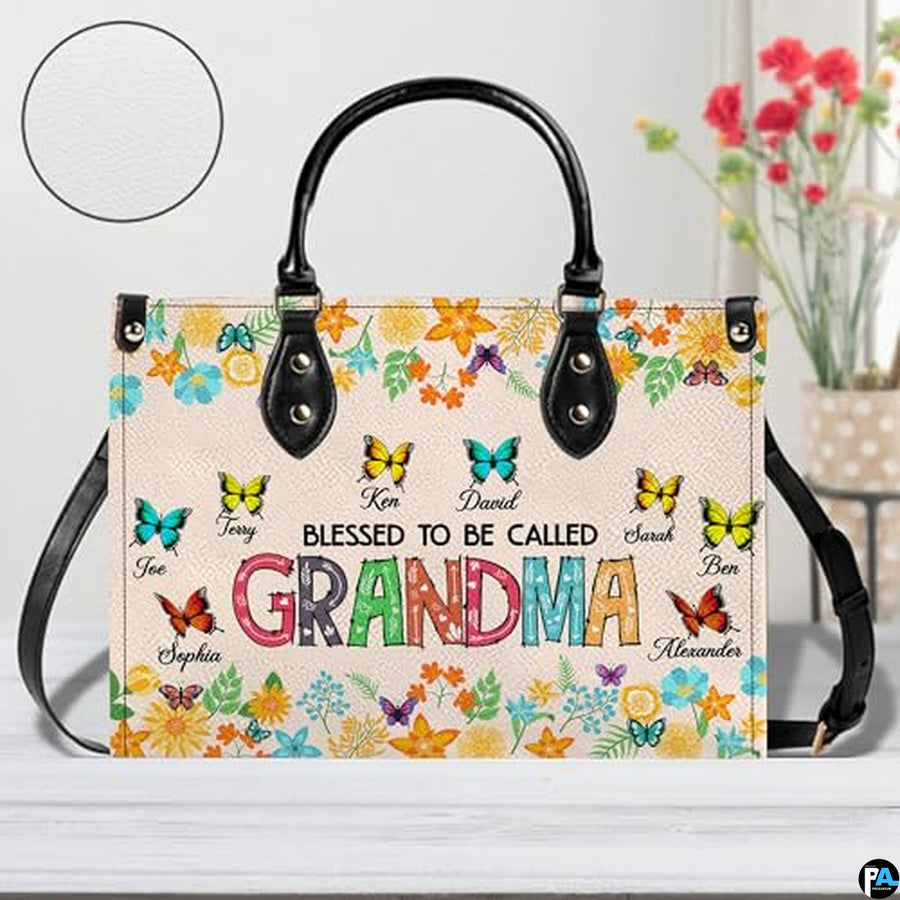 Mothers Day Gift Leather Bag- Personalized Grandmas Purse With Grandkids Names, Grandma Handbag Birthday Gifts For Mom Women