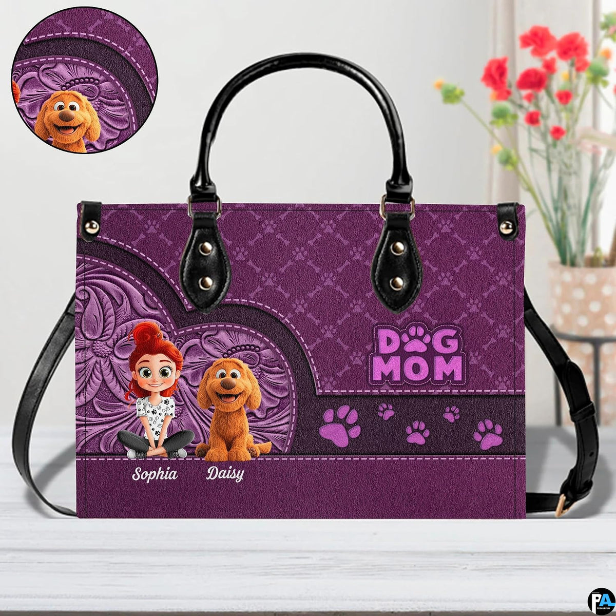 Detailed view of matching purple floral pet lover zippered wallet