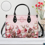 Front view of vintage Santa handbag on white surface next to floral decor with texture swatch.