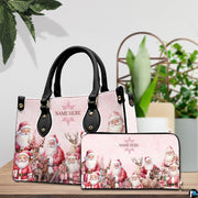 Handbag and matching zip wallet set displayed on wooden tabletop surrounded by green plants.