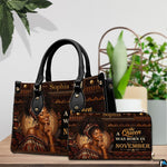 African portrait handbag and wallet with bronze patterns and ornate lettering