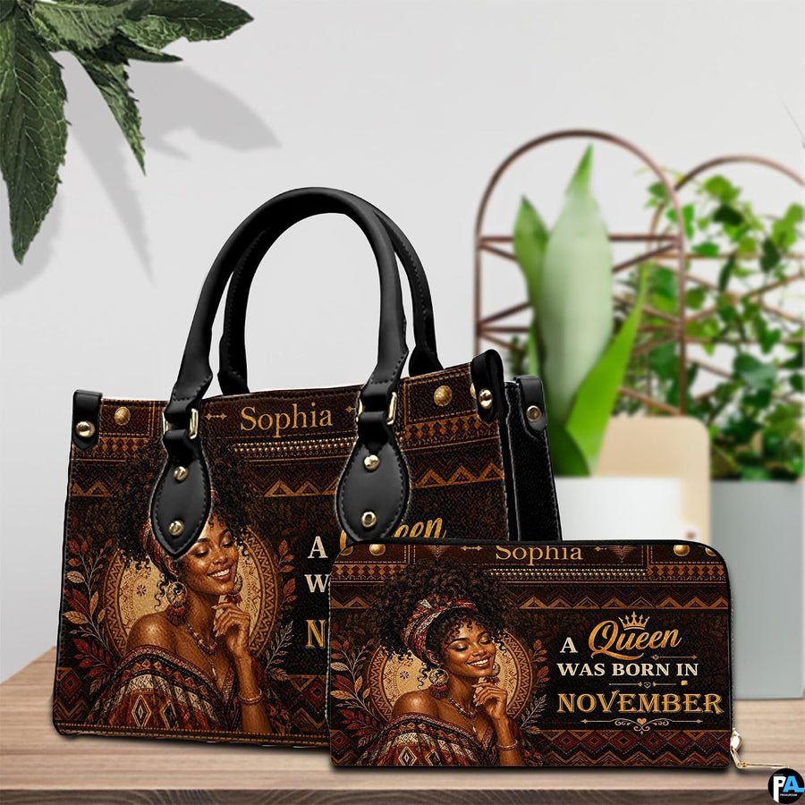 African portrait handbag and wallet with bronze patterns and ornate lettering
