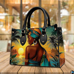 Display view resting on a wooden surface showing warm evening glow and coastal palm artwork.