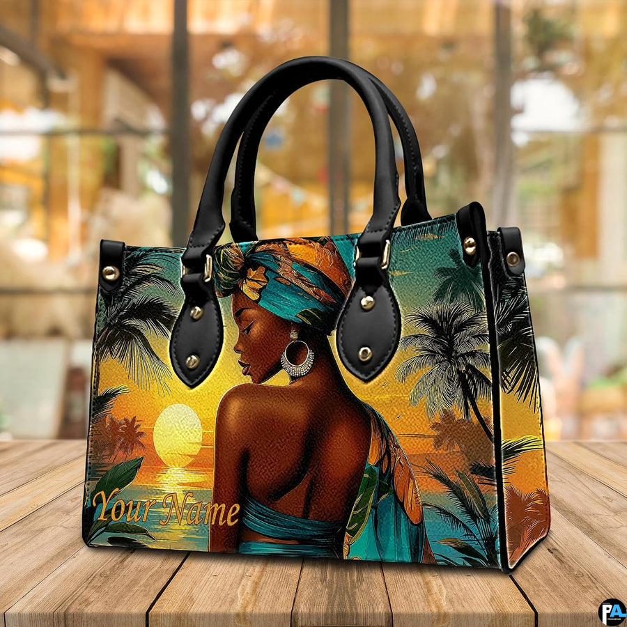 Display view resting on a wooden surface showing warm evening glow and coastal palm artwork.