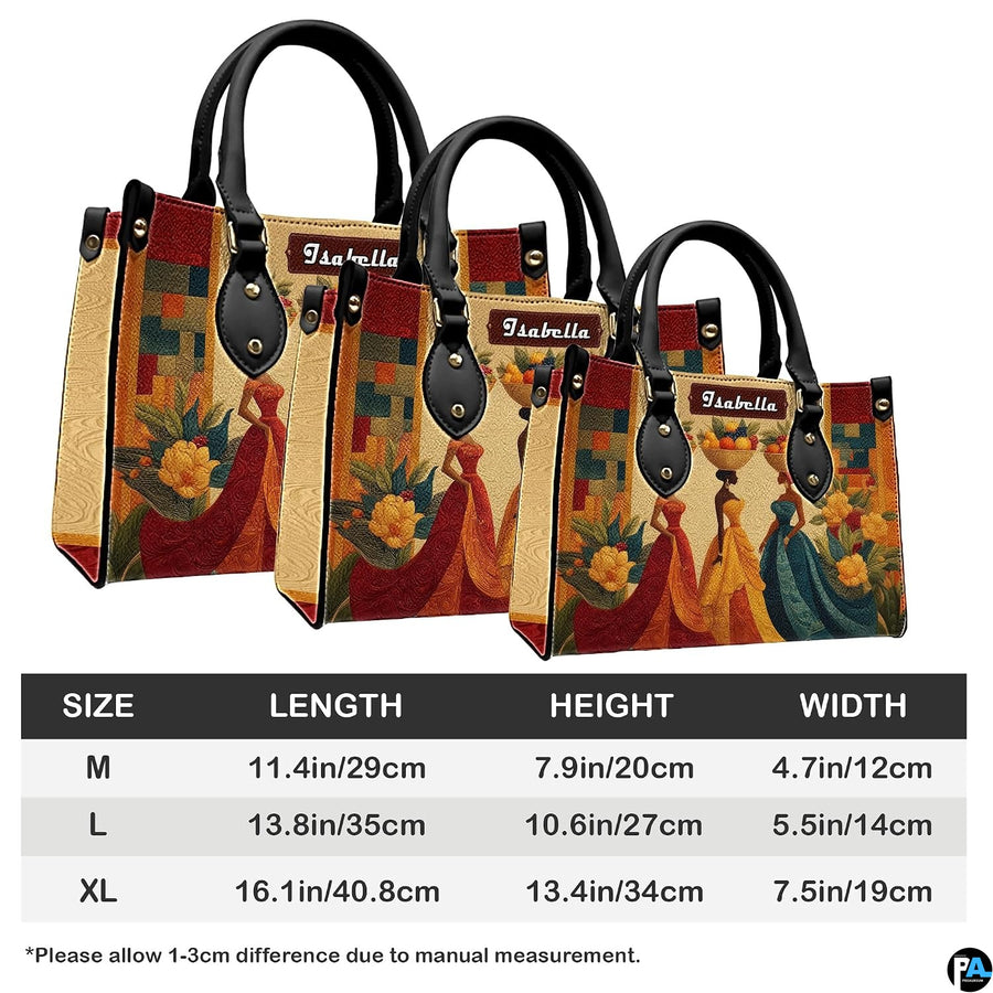 Side profile view highlighting the structured depth and metallic accents of the African harvest artwork handbag.